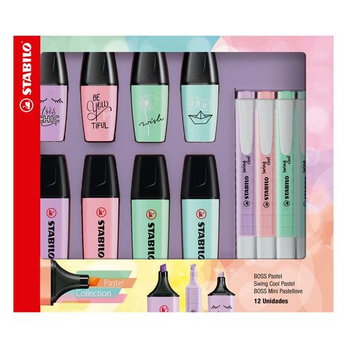 caneta marca-texto boss + mini pastellove + swing cool cores pastel 4+4+4 stabilo 55.3403 sertic