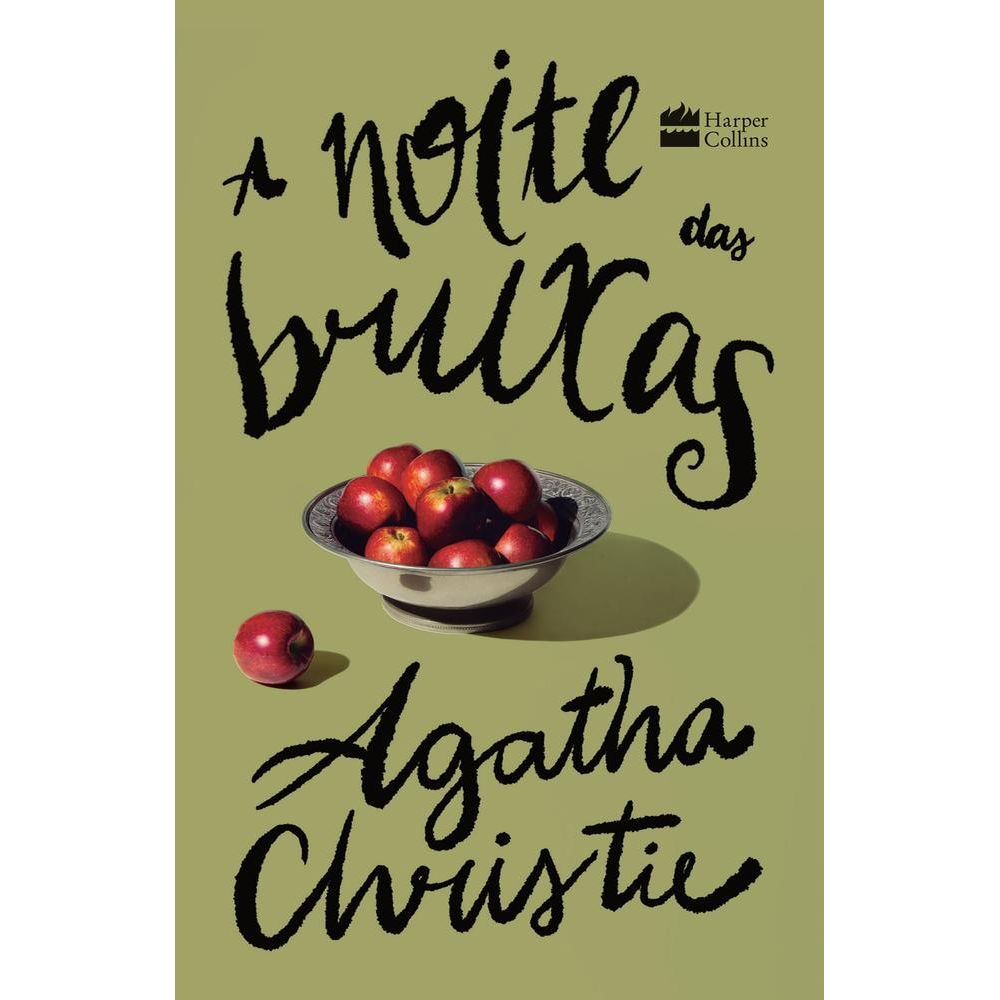 Capa do livro A Noite das Bruxas de Agatha Christie com maçãs em uma bacia