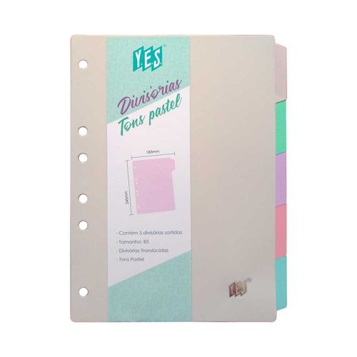 divisória fichário 05 divisões b5 colorida tons pastel 5tbcssor yes