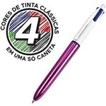caneta esferográfica 4 cores corpo rosa metalico 1.0mm ponta media 904222 azul preta vermelha verde