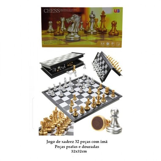 Jogo De Xadrez Magnético E Dobrável Prata E Dourado 18X18Cm em