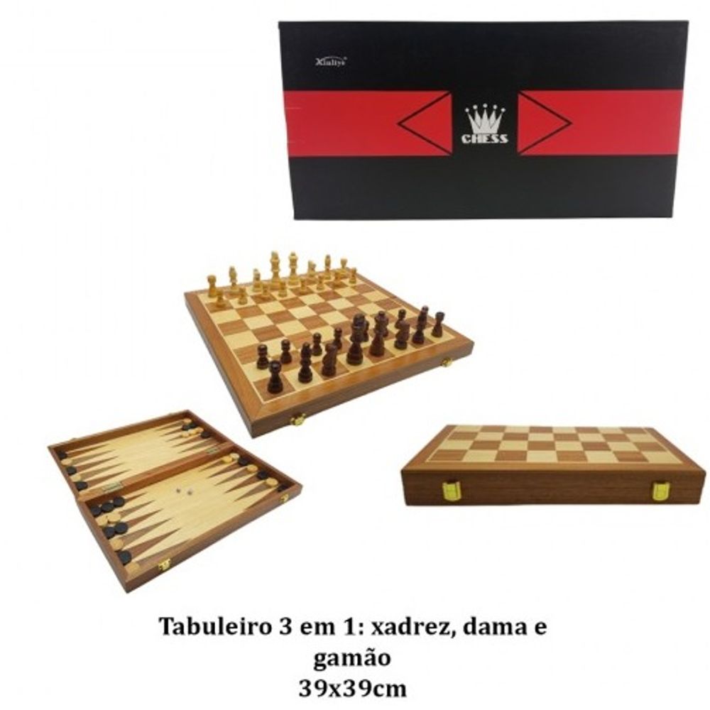 Tabuleiro 3 em 1 xadrez dama e gamão de madeira pequeno - Chess