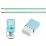 lápis grafite + borracha + apontador com depósito verde pastel lápis grafite + borracha + apontador com depósito verde pastel