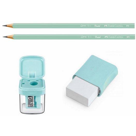 lápis grafite + borracha + apontador com depósito verde pastel lápis grafite + borracha + apontador com depósito verde pastel
