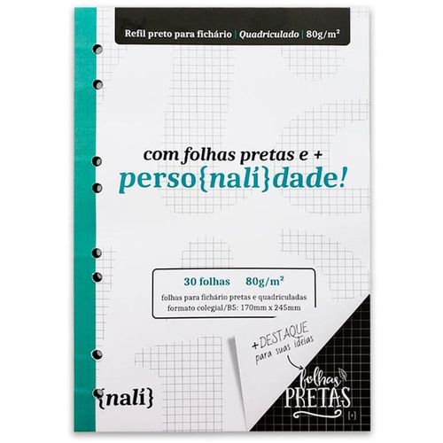 refil bloco fichário colegial quadriculado 30f pretas 62174 nali