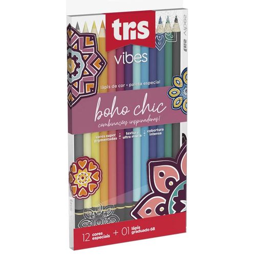 lápis de cor 12 cores vibes boho chic + lápis 6b