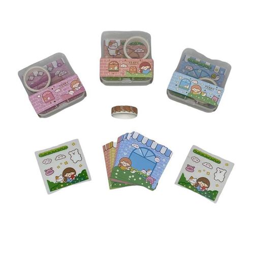 kit com fita washi tape e adesivos divertidos