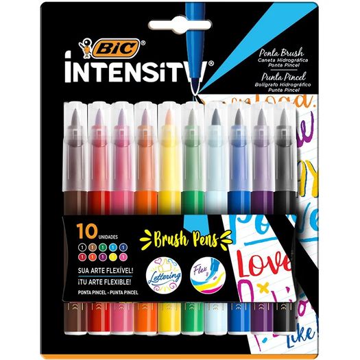 caneta hidrográfica 10 cores ponta pincel bic