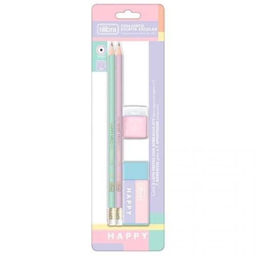 lápis grafite 2 unidades + borracha + apontador com depósito happy