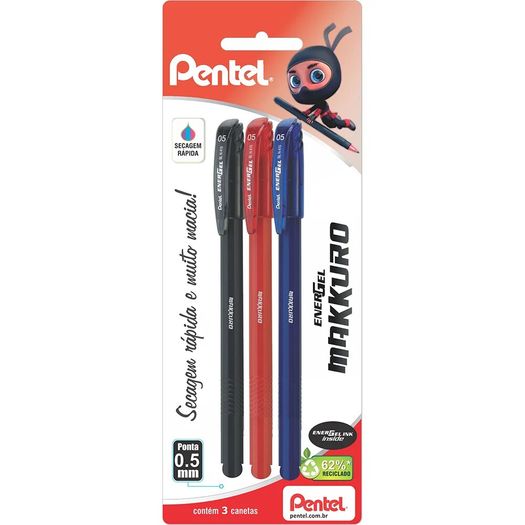 caneta gel 0,5mm energel makkuro 3 cores pentel blister caneta gel 0,5mm energel makkuro 3 cores pentel blister