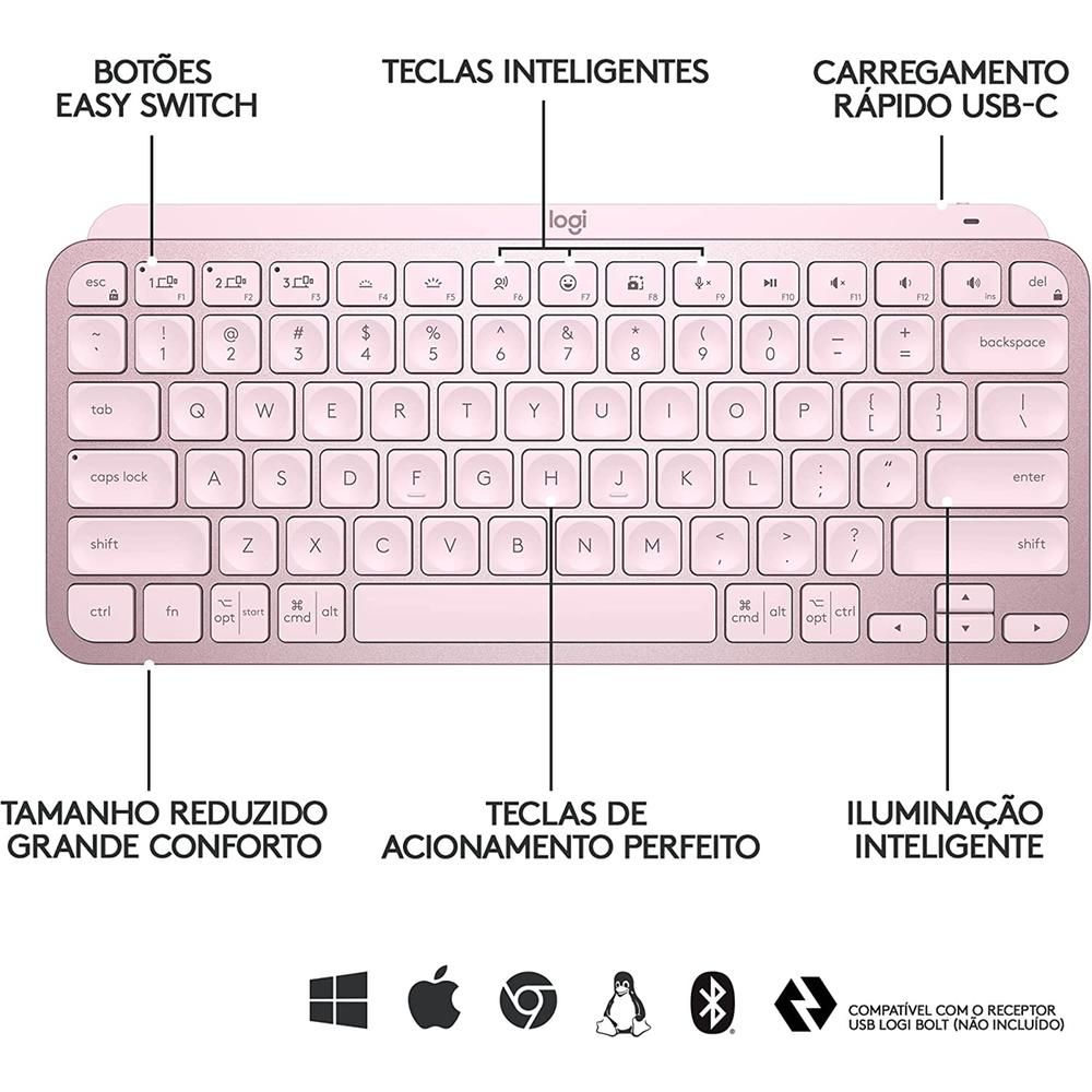 Teclado Wireless Multi-Dispositivo Mx Keys Mini Rosa - Logitech ...