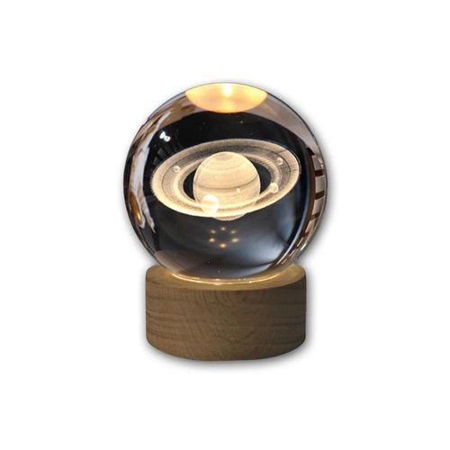 luminária mini globo vidro saturno com led e suporte madeira