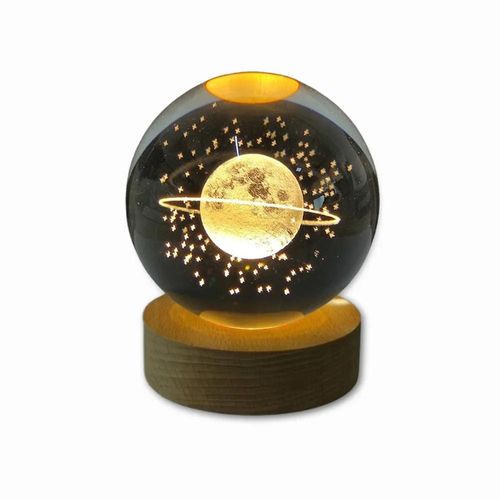 luminária decorativa globo de vidro planeta com led usb e base de madeira