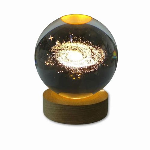 luminária decorativa globo de vidro galáxia com led usb e base de madeira