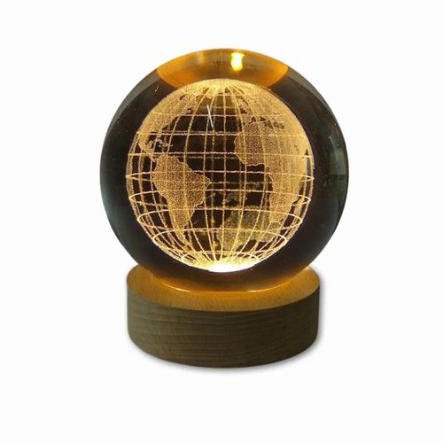 luminária decorativa globo de vidro planeta terra com led usb base de madeira