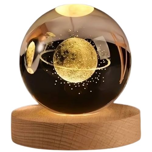 luminária decorativa globo de vidro peq planeta urano com led usb e base de madeira