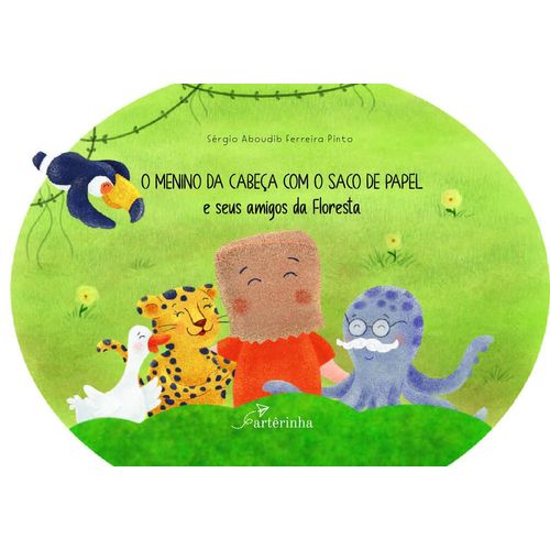 o menino da cabeça com o saco de papel e seus amigos da floresta