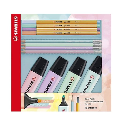 canetas marca texto boss pastel + 4 canetas hidro 88 + 4 lápis hb pastel stabilo canetas marca texto boss pastel + 4 canetas hidro 88 + 4 lápis hb pastel stabilo