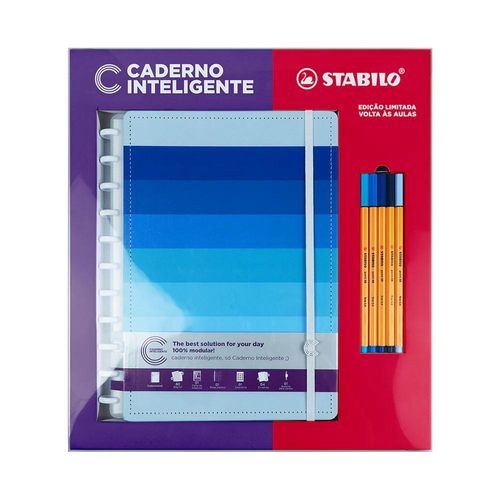 caderno inteligente 80 folhas grande shades of blue + canetas stabilo