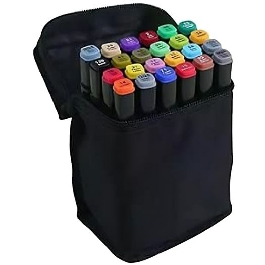 kit caneta marcador ponta dupla 24 cores com bolsa preta de tecido kit caneta marcador ponta dupla 24 cores com bolsa preta de tecido