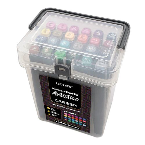 kit caneta marcador ponta dupla 24 cores com estojo carbon line