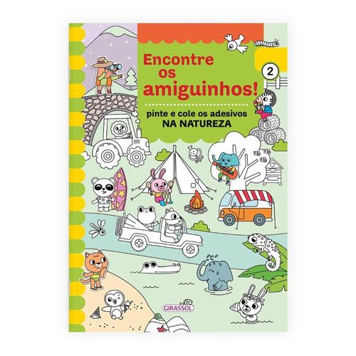 encontre os amiguinhos! na natureza - pinte e cole os adesivos