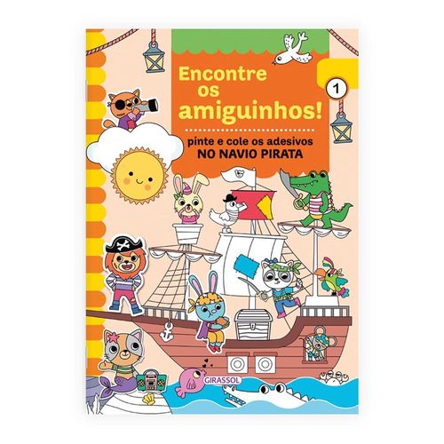 encontre os amiguinhos! no navio pirata - pinte e cole os adesivos
