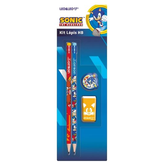 kit escolar lápis grafite hb, borracha e apontador sonic kit escolar lápis grafite hb, borracha e apontador sonic