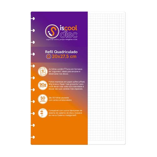 refil para caderno disco quadriculado grande 50 folhas