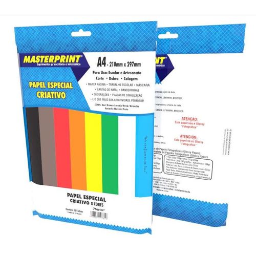papel criativo a4 8cores 75g 45folhas masterprint