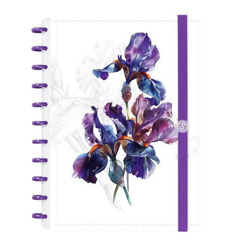 caderno disco 80 folhas grande prime flores iris branco