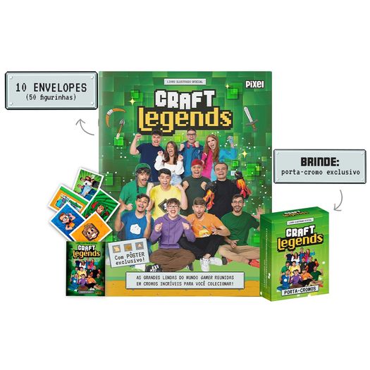 livro ilustrado oficial craft legends com 10 pacotes - 50 figurinhas livro ilustrado oficial craft legends com 10 pacotes - 50 figurinhas