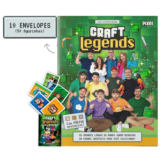 livro ilustrado oficial craft legends com 10 pacotes - 50 figurinhas livro ilustrado oficial craft legends com 10 pacotes - 50 figurinhas