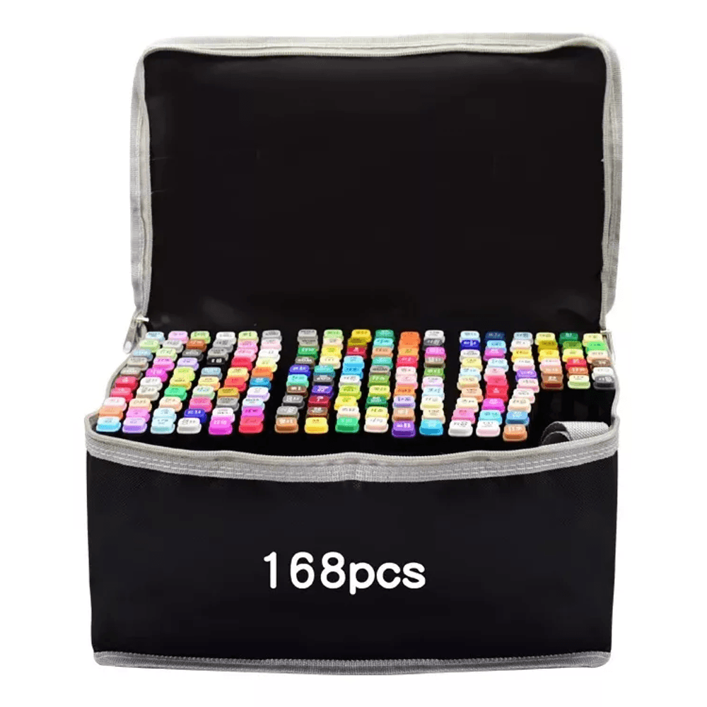 Kit Caneta Marcador Ponta Dupla 168 Cores Com Bolsa Preta