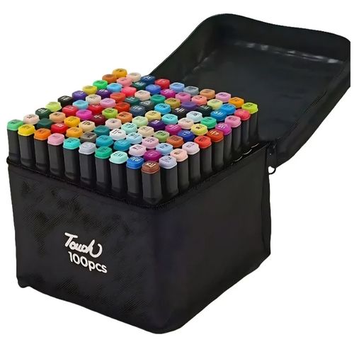 kit caneta marcador ponta dupla 100 cores com bolsa preta