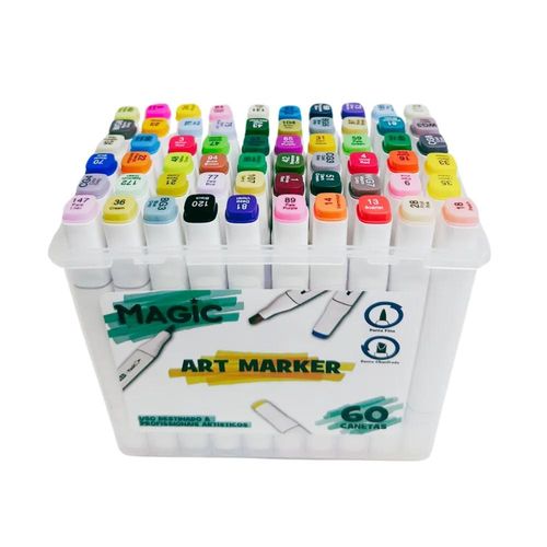 kit caneta marcador ponta dupla 60 cores com estojo magic