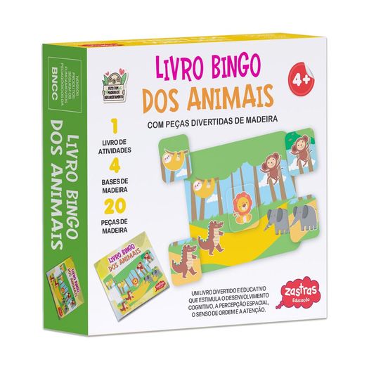 livro bingo dos animais com peças de madeira