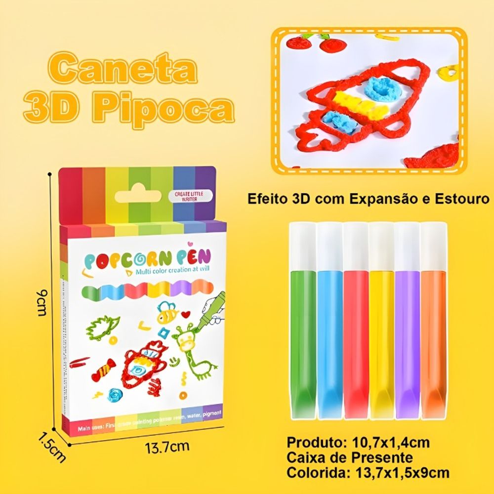 Caneta Magic Puffy Popcorn 3d Kit 6 Cores - Livrarias Curitiba