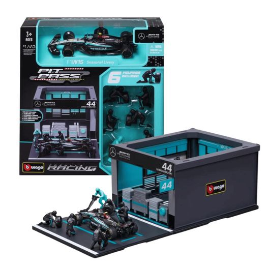 diorama pit stop com acessorios f-1 2024 mercedes-amg w15  44 hamilton  1/43 - burago