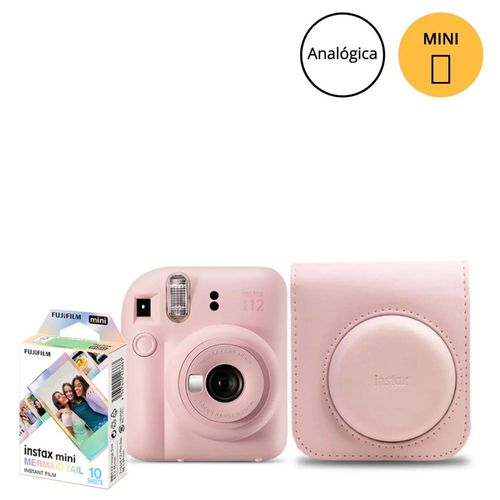 kit câmera instax mini 12 rosa pack 10 fotos mermaid e bolsa
