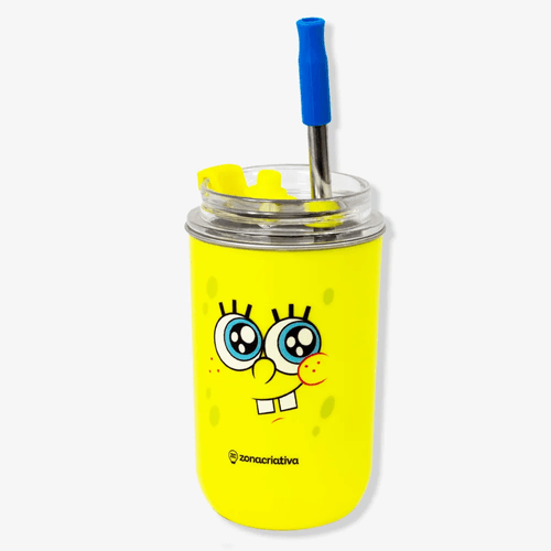 copo 300ml neo bob esponja com canudo inox tampa