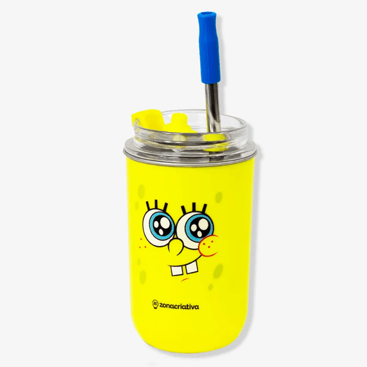 copo 300ml neo bob esponja com canudo inox tampa copo 300ml neo bob esponja com canudo inox tampa