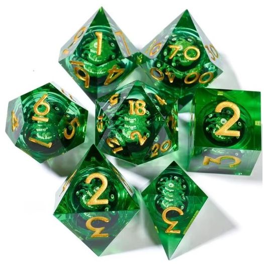 kit-de-dados-nucleo-liquido---verde-com-beholder---covil-do-jabuti