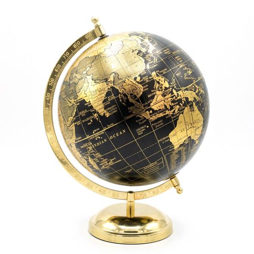 globo decorativo base metal maps preto e dourado