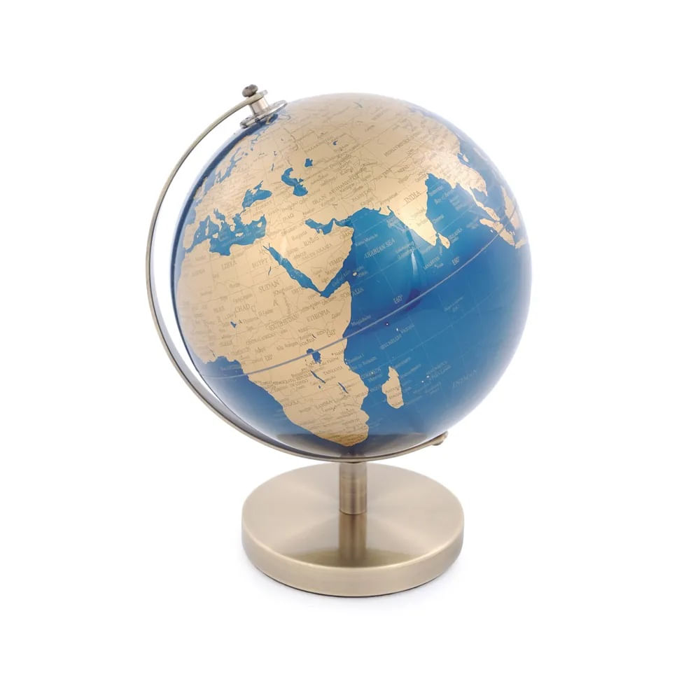 Globo Decorativo Azul Base Metal Dourado 20 Cm